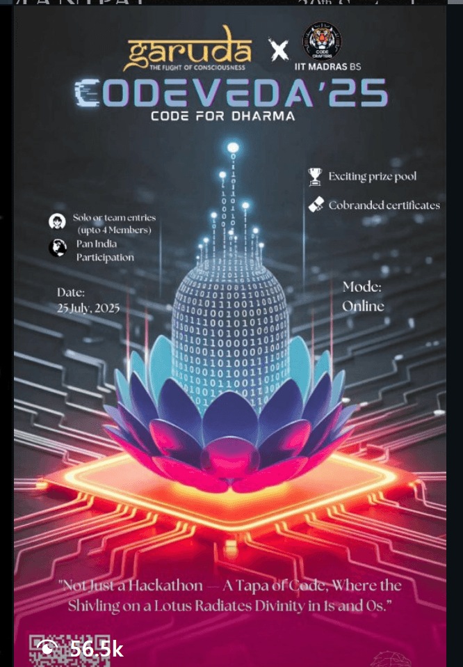 CODEVEDA’25
MUJ × IIT Madras BS
A Hackathon where innovation meets impact.
Code to awaken ideas. Challenge norms. Echo across the nation.
Why You Can't Miss This:
Judges from IIT Madras BS
National Awards + Codecrafters’ Choice
Co-branded Certificate
Social Media Spotlight
Resume Booster
Big bounty, bigger reach!